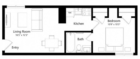 Floor plan for 1 bed, 1 bath, 447 sqft